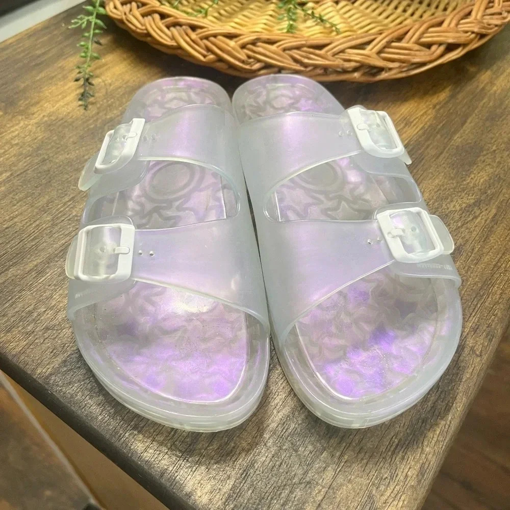 Wonder Nation Sz 6 Clear Iridescent Jelly Beach Sandals Slides White Buckle Y2K